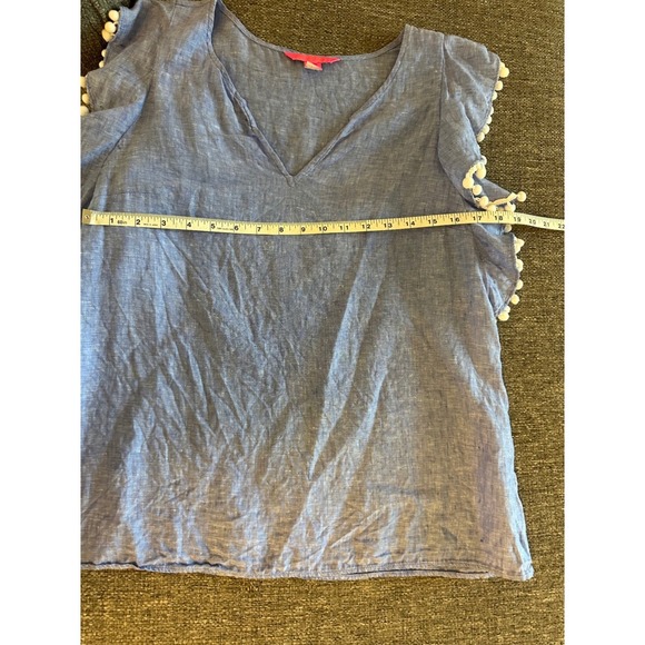 Lilly Pulitzer Astoria  Linen Top Pom Pom Trim V-Neck Blouse Blue‎ Size M EUC - Picture 5 of 5
